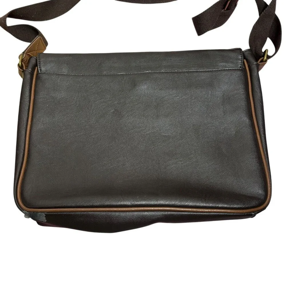 Ted Baker London Messenger Bag Brown Faux Leather Crossbody Blue Stripe Zipper